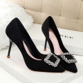 Exquisite Girl Shoe Square Buckle with Diamond Pointed Toe Black Color High Heel Pump Dress Shoes